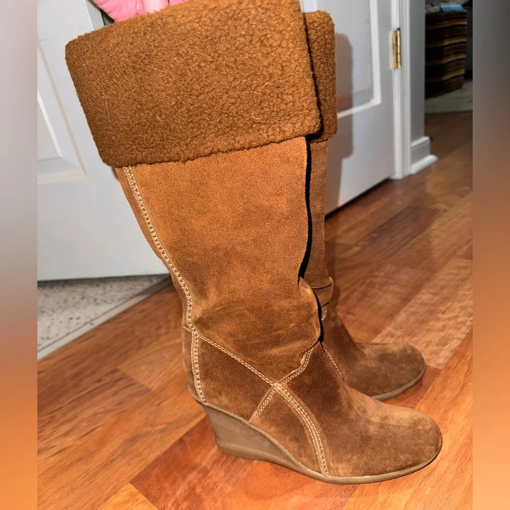 Kenneth Cole Y2K Brown leather suede knee Hugh fur Wedge Boots size 7.5